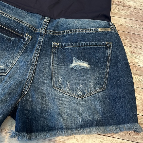 Pinkblush Dark Wash Distressed Fringe Hem Maternity Full Panel Jean Shorts - Picture 9 of 11